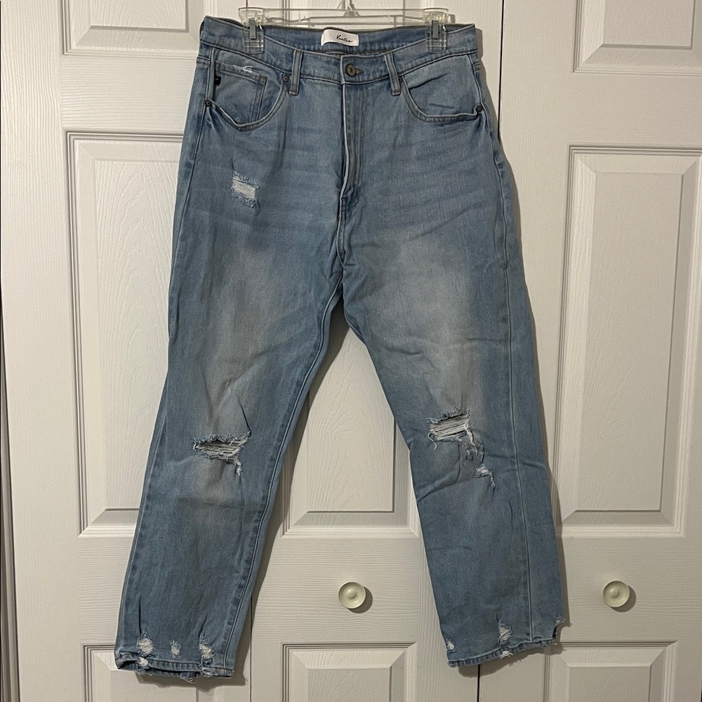 KanCan Women's Light Blue Distressed Relaxed Jeans